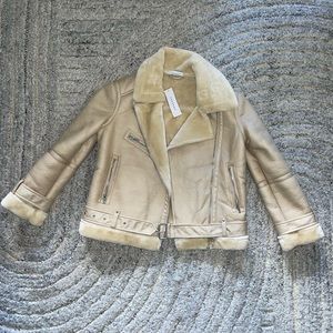 Topshop Faux Leather Biker Moto Jacket with Shearling Trim, Cream Sz 2 US NWT